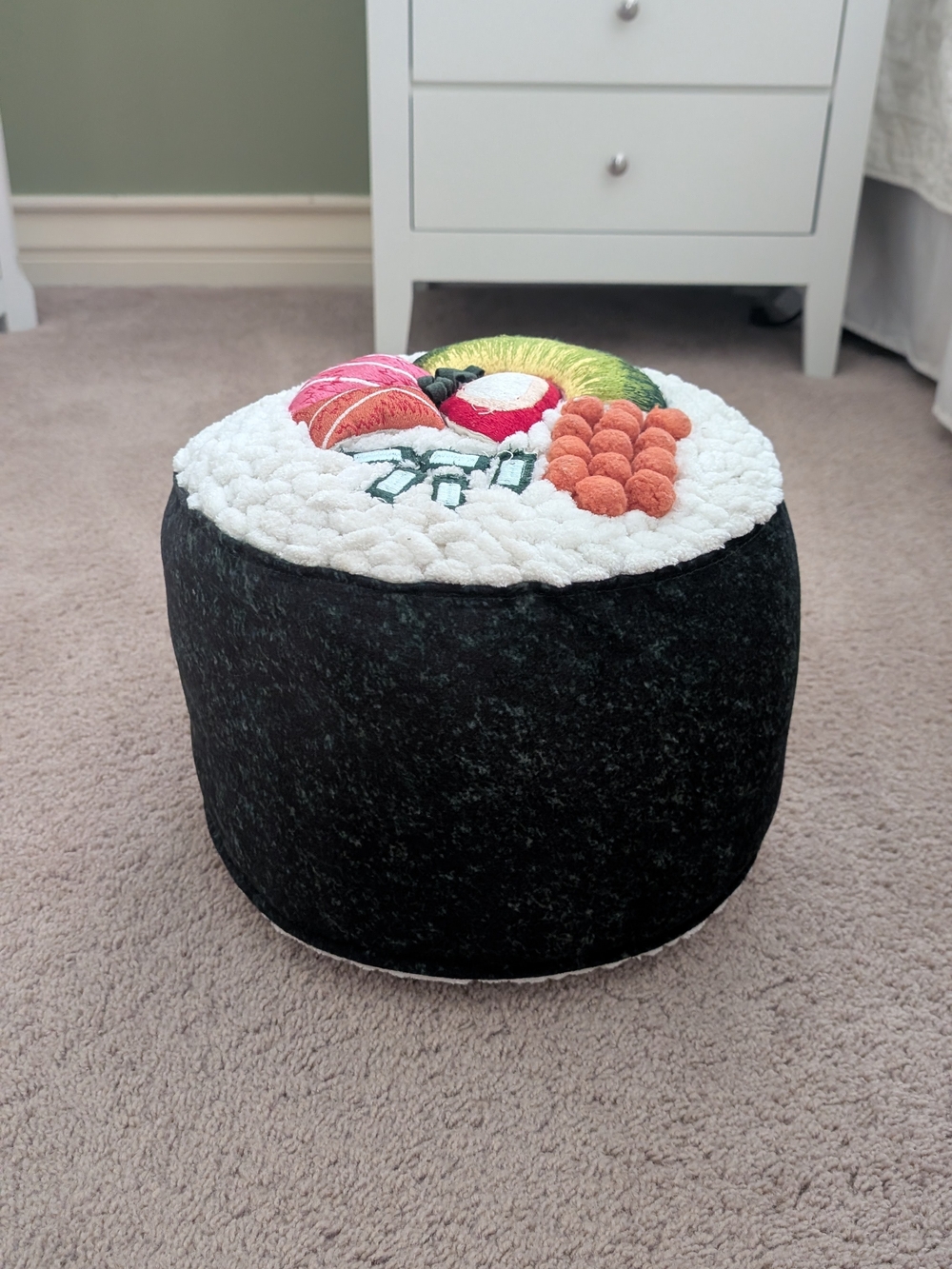 Plush Sushi Roll Pouf Pillow - Black and White with Colorful Top